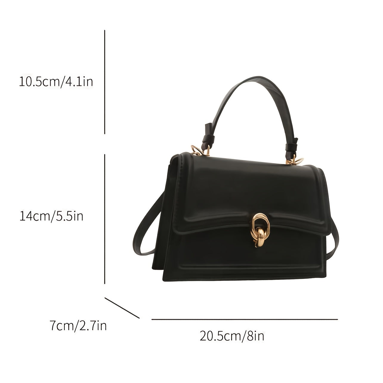 Элегантная черная синтетическая кожаная сумка для женщин с ретро-клапаном, верхней ручкой, замком с поворотом и золотистой фурнитурой. Имеет структурированную прямоугольную форму, регулируемый ремень.