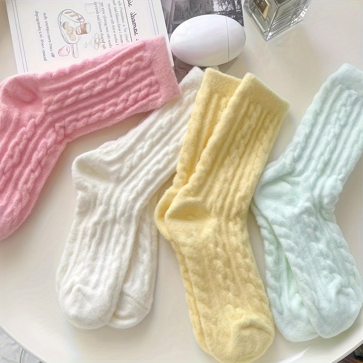 Women’s Knee-High Plush Socks 5 Pairs Cozy Knit Solid Color