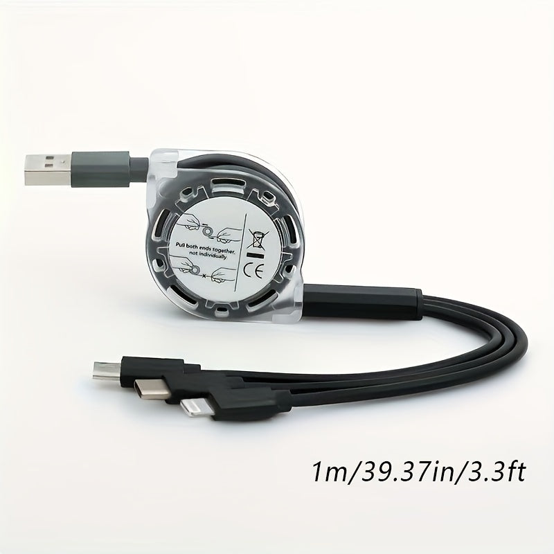 Turli qurilmalar uchun tortiladigan 3-in-1 zaryadlash kabeli, lightning, micro va Type C ulanishlari bilan. iPhone, iPad, Samsung, PS va planshetlarni zaryadlash mumkin. USB quvvatlanadi va ma'lumotlarni sinxronlashtirish imkonini beradi.