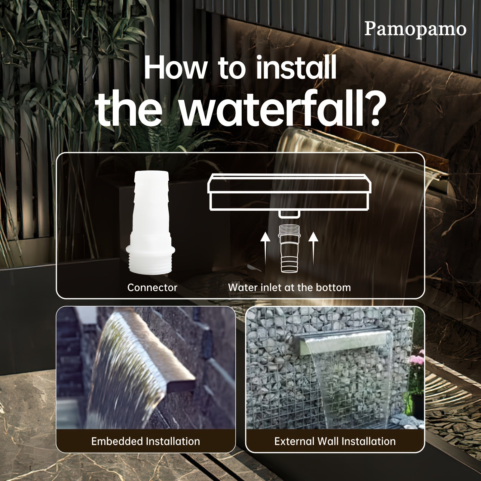 Kit de desagüe de cascada para estanque de acero inoxidable con acabado en polvo negro, manguera y accesorios