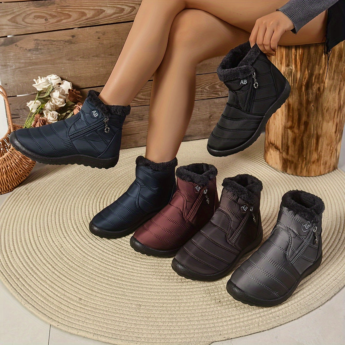 Женские уютные зимние снегоступы с плюшевой подкладкой, повседневные, на шнуровке, с боковой молнией, черные и серые