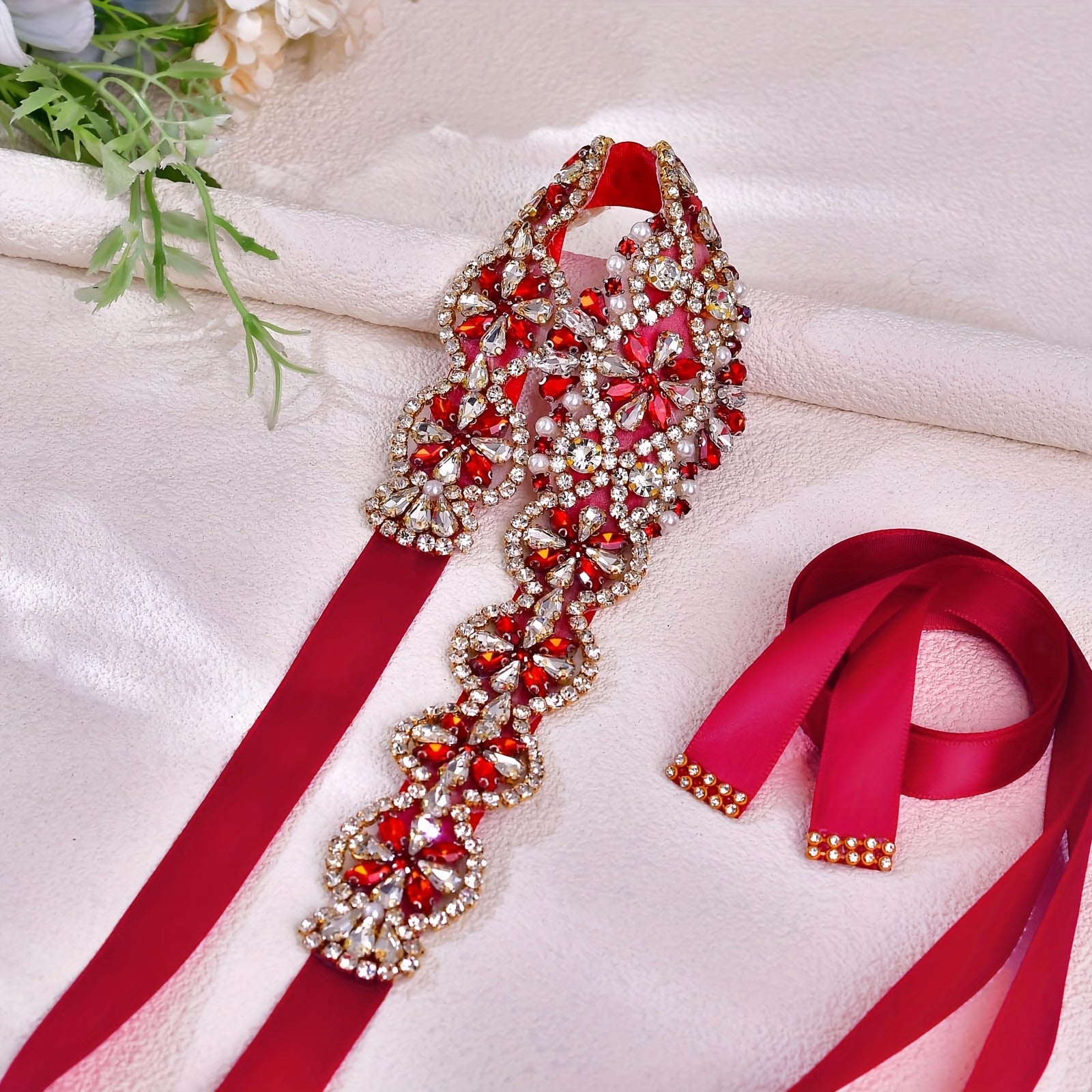 Burgundy Rhinestone To'y va Bayram Kiyimlari uchun Uzun Sashli To'y Belbog'i
