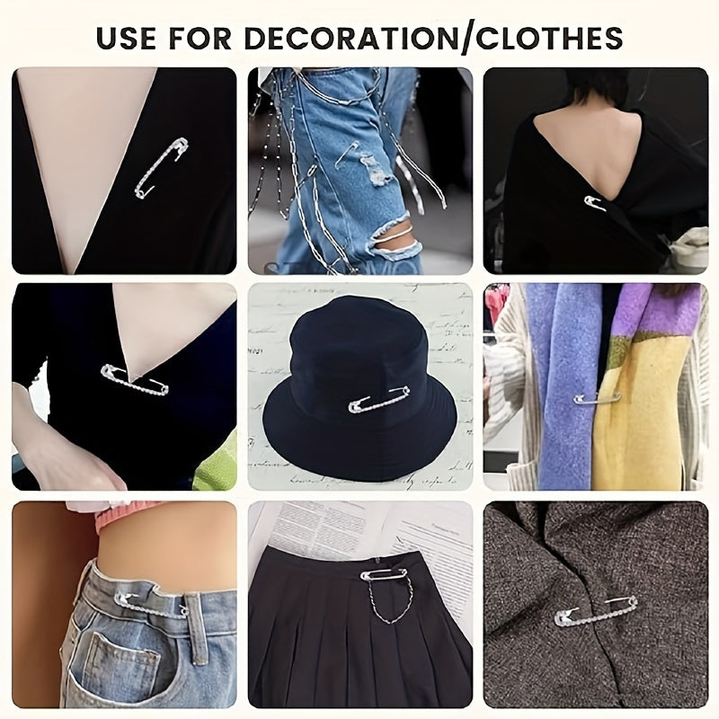 Set of 5 Silver Tone Alloy Safety Pins with Rhinestones, Irregular Shapes for Crafts and Clothing