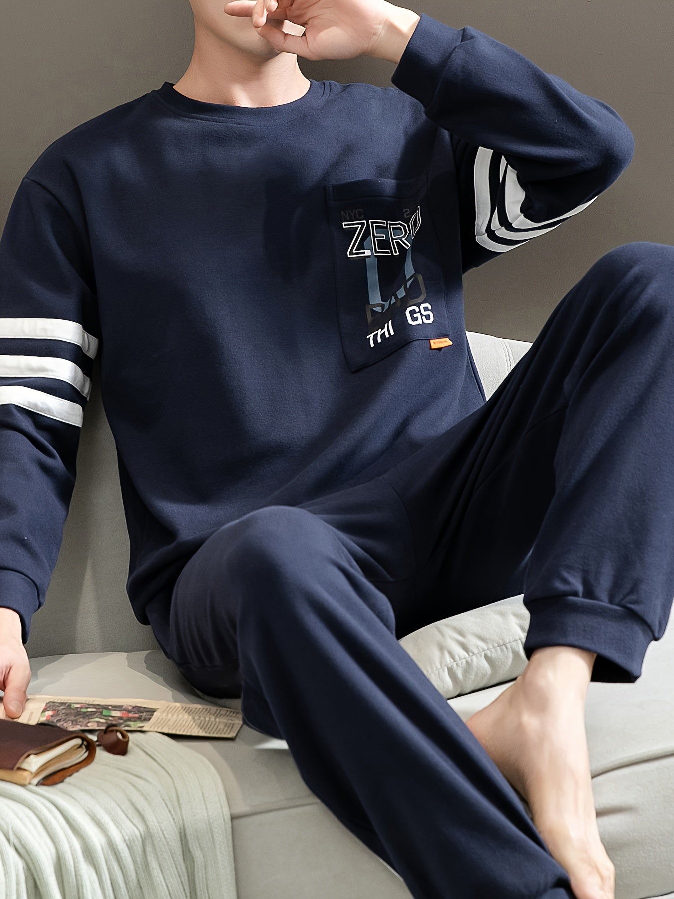 Men's Cotton Pajama Set with Letter Graphic Print Long Sleeve Crew Neck Top and Loose Pants for Spring and Fall