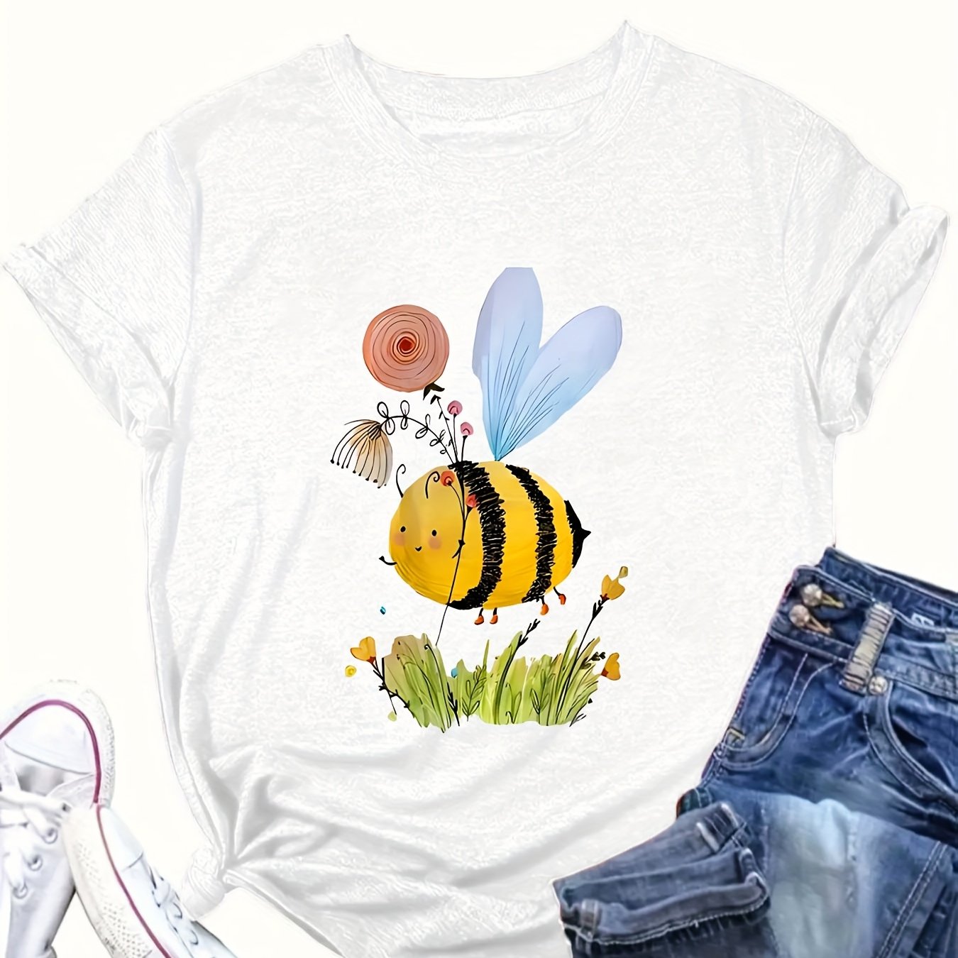 Plus Size Women's Casual T-Shirt Bee Graphic Red Short Sleeve Round Neck