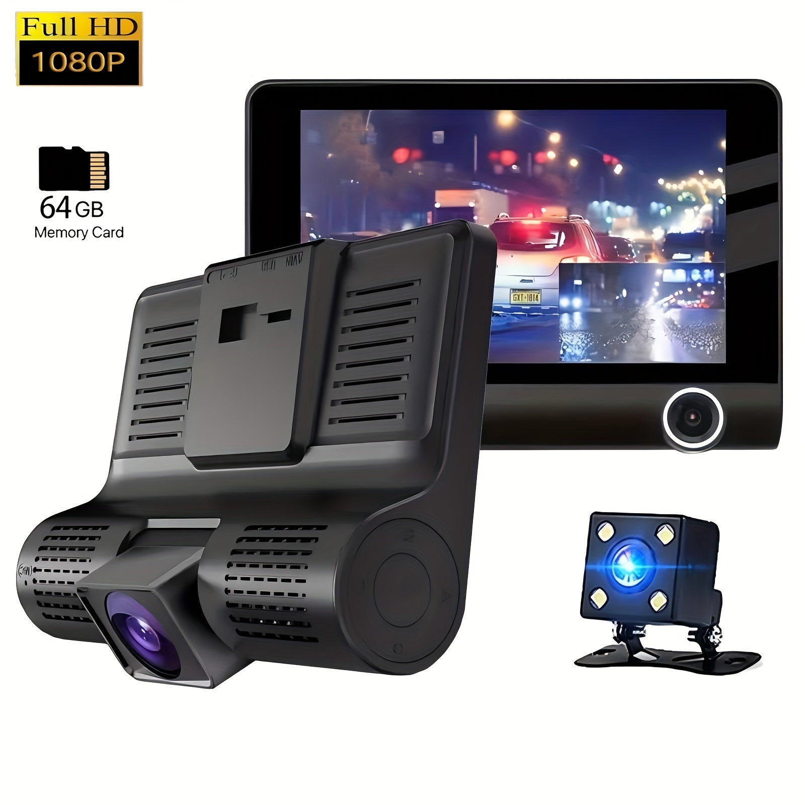 HD 3-Lens Dash Cam Night Vision Loop Recording Reversible Image Front Interior Rear View