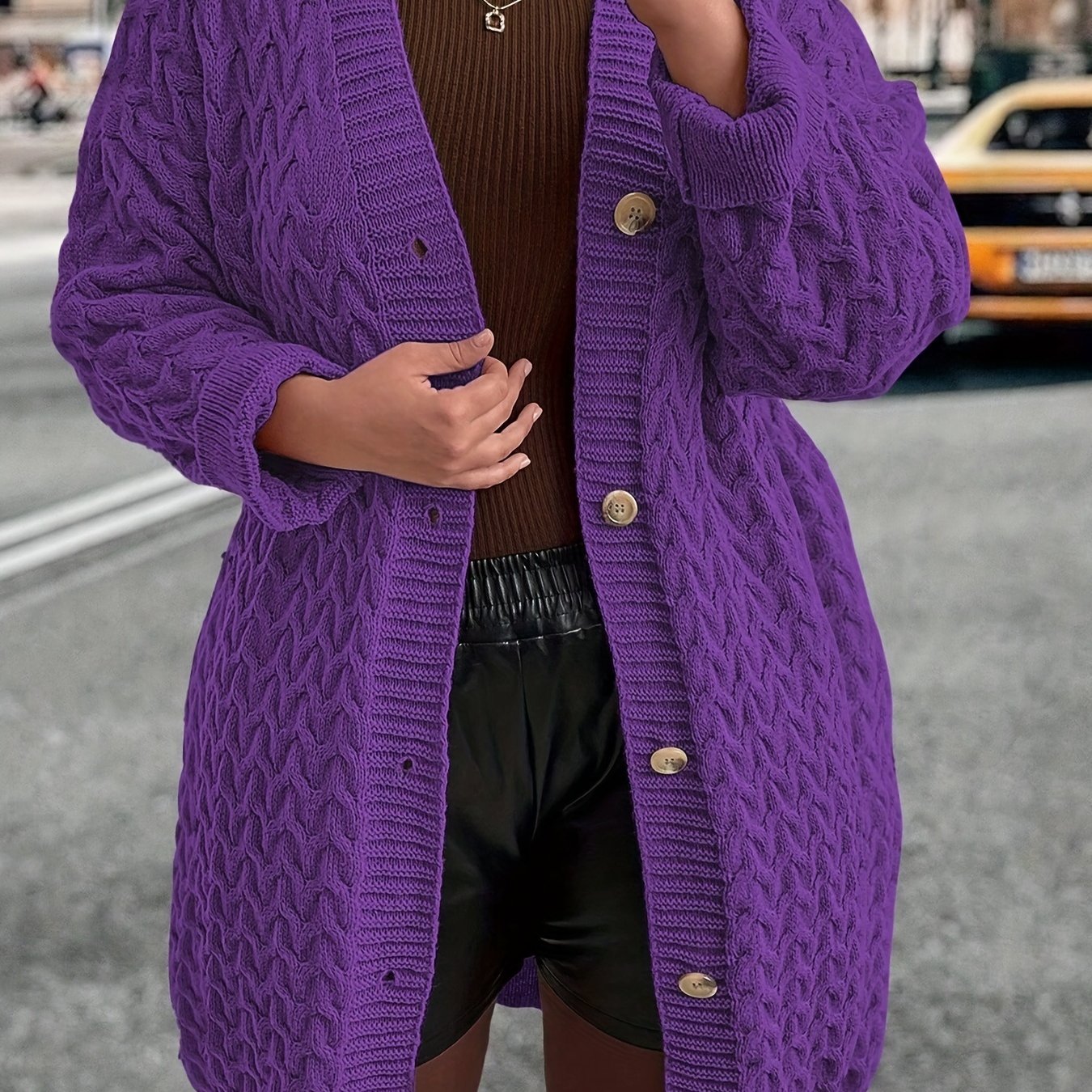 Women's Purple Cable Knit Cardigan Long Sleeve V-Neck Button Up Fall Winter