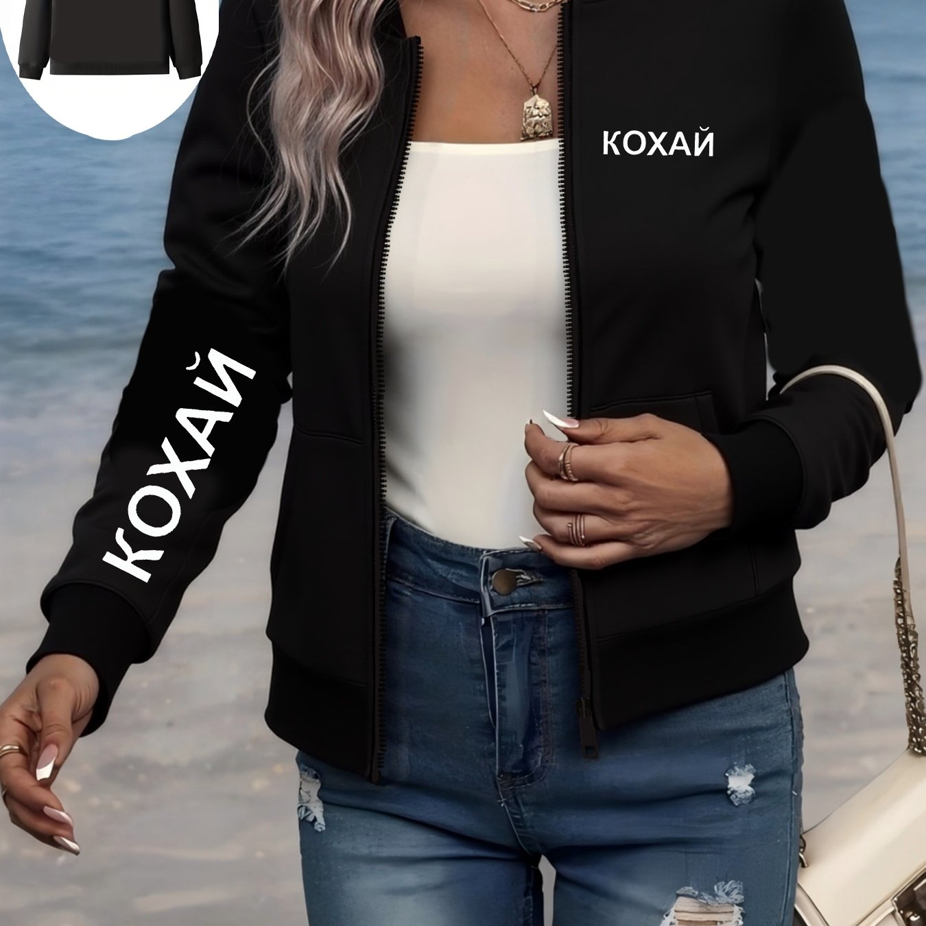 Women's Plus Size Black Casual Bomber Jacket with Long Sleeves