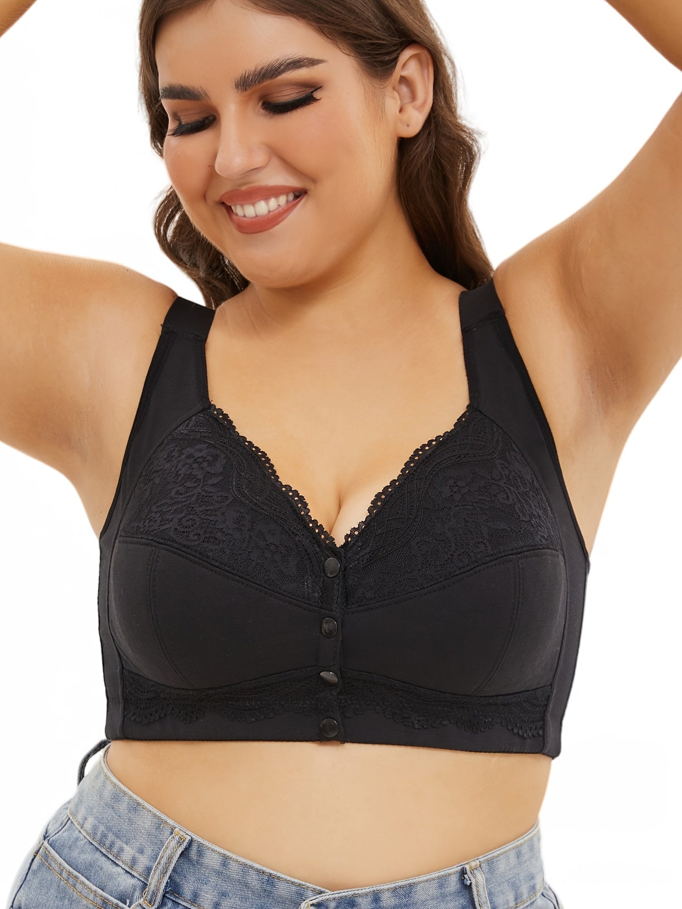 Women's Plus Size Lace Front Closure Underwear with Adjustable Straps Wireless Bra