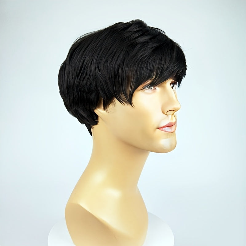 Men's Black Fluffy Wig with Side-Swept Bangs for Cosplay and Daily Wear