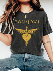 Plus Size Women's Graphic T-Shirt Short Sleeve Casual Top with Winged Heart Design