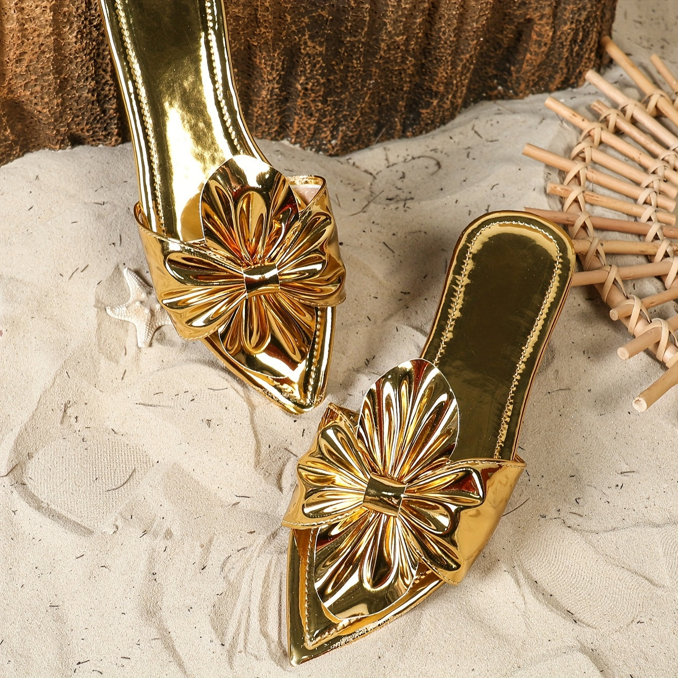 Women Metallic Slip-On Mules with Floral Bow Pointed Toe Flats