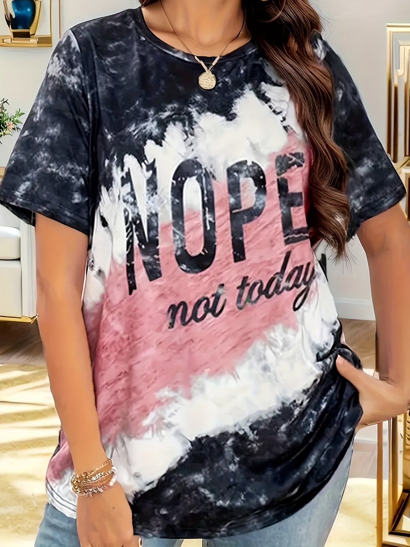 Plus Size Women's Graphic Tee Black White Tie-Dye Short Sleeve T-Shirt