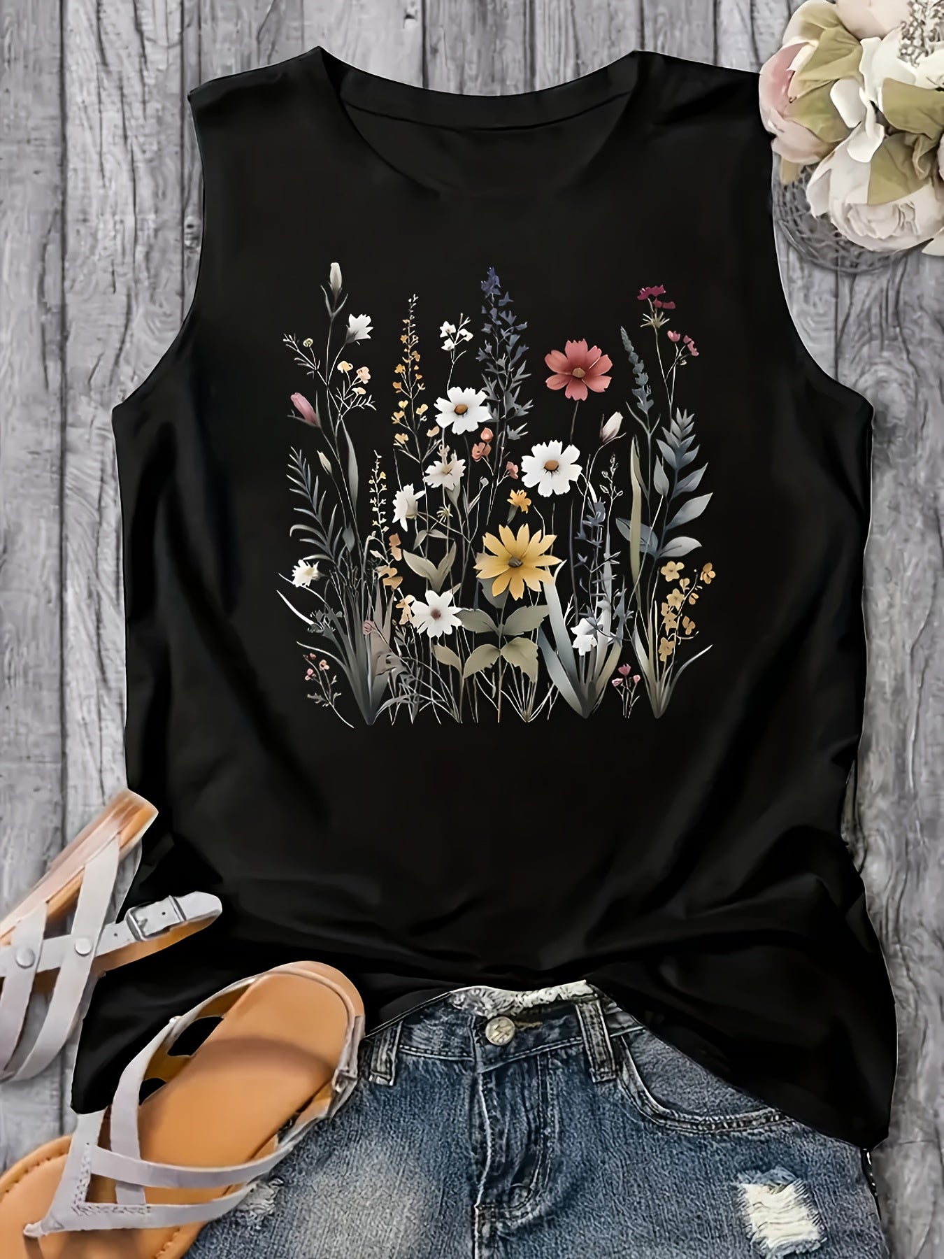 Plus Size Floral Print Tank Top Casual Sleeveless Crew Neck Summer Spring Women's Clothing