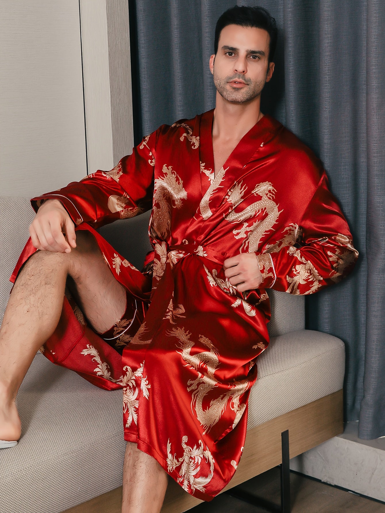 Men's Long Sleeve Robe with Golden Dragon Print Casual Pajama Loungewear Polyester