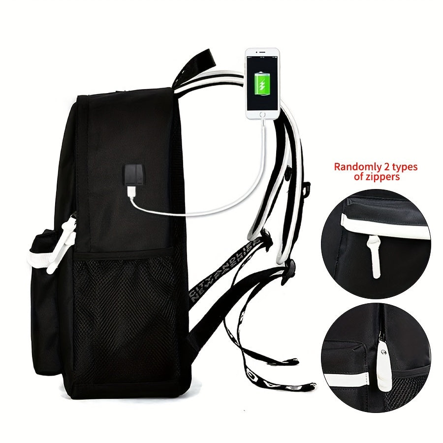 Glow-in-the-Dark Cartoon Backpack with USB Charging Adjustable Straps Zipper Closure