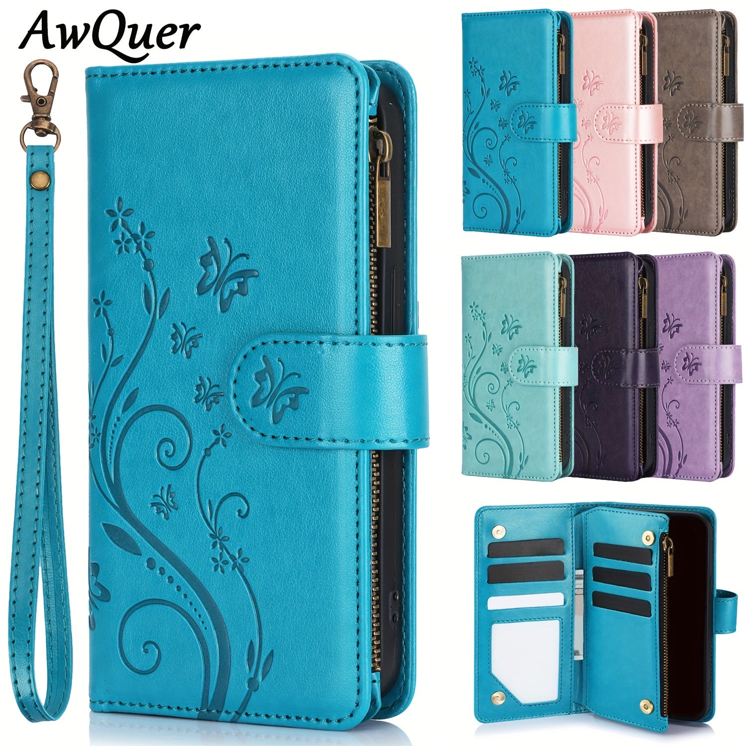 Faux Leather Butterfly Flower Phone Wallet Case for Samsung Galaxy A Series with Card Slots Stand and Lanyard