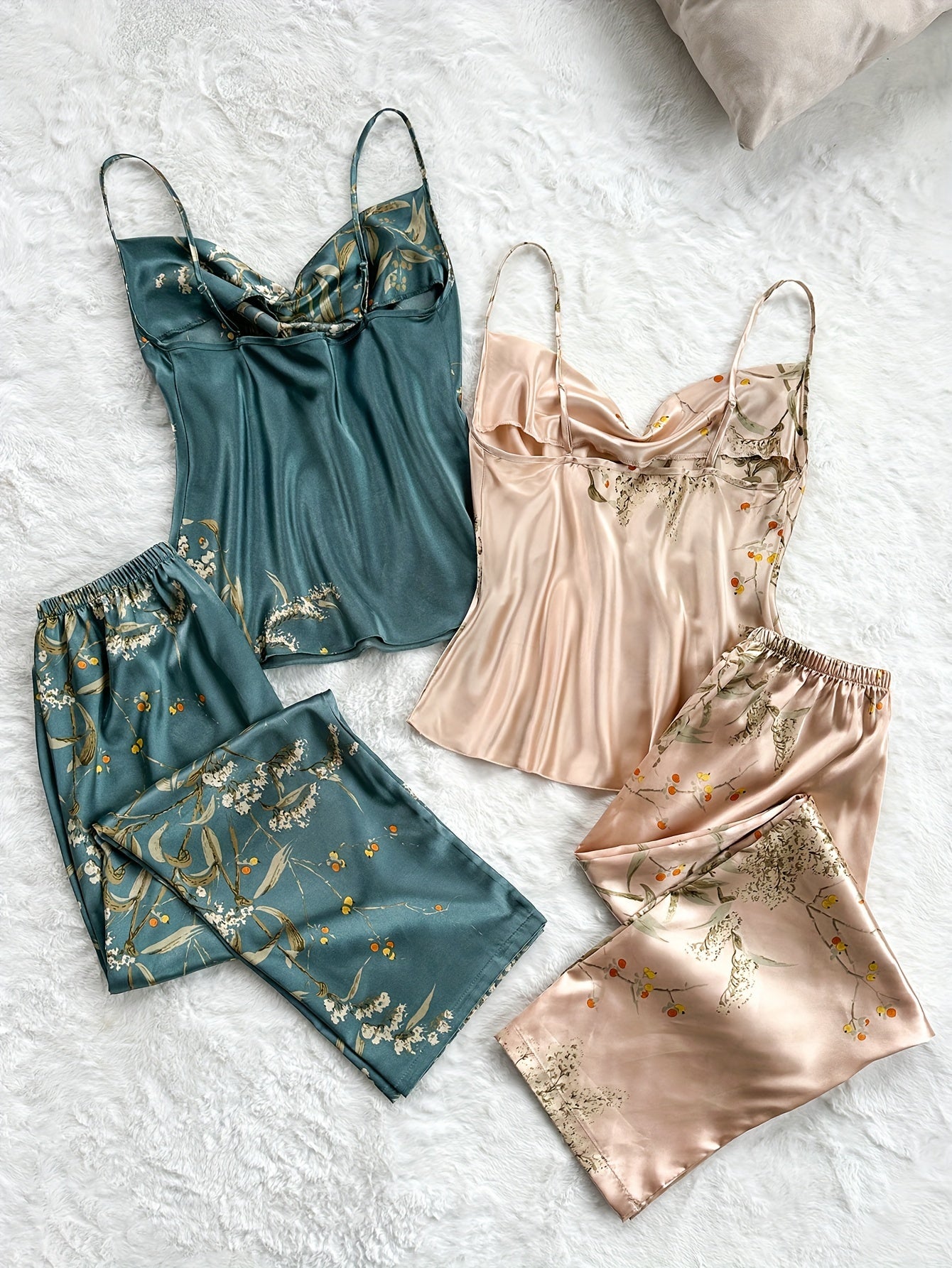 Women's Satin Pajama Sets with Floral Print Turtleneck Backless Top Summer Nightwear