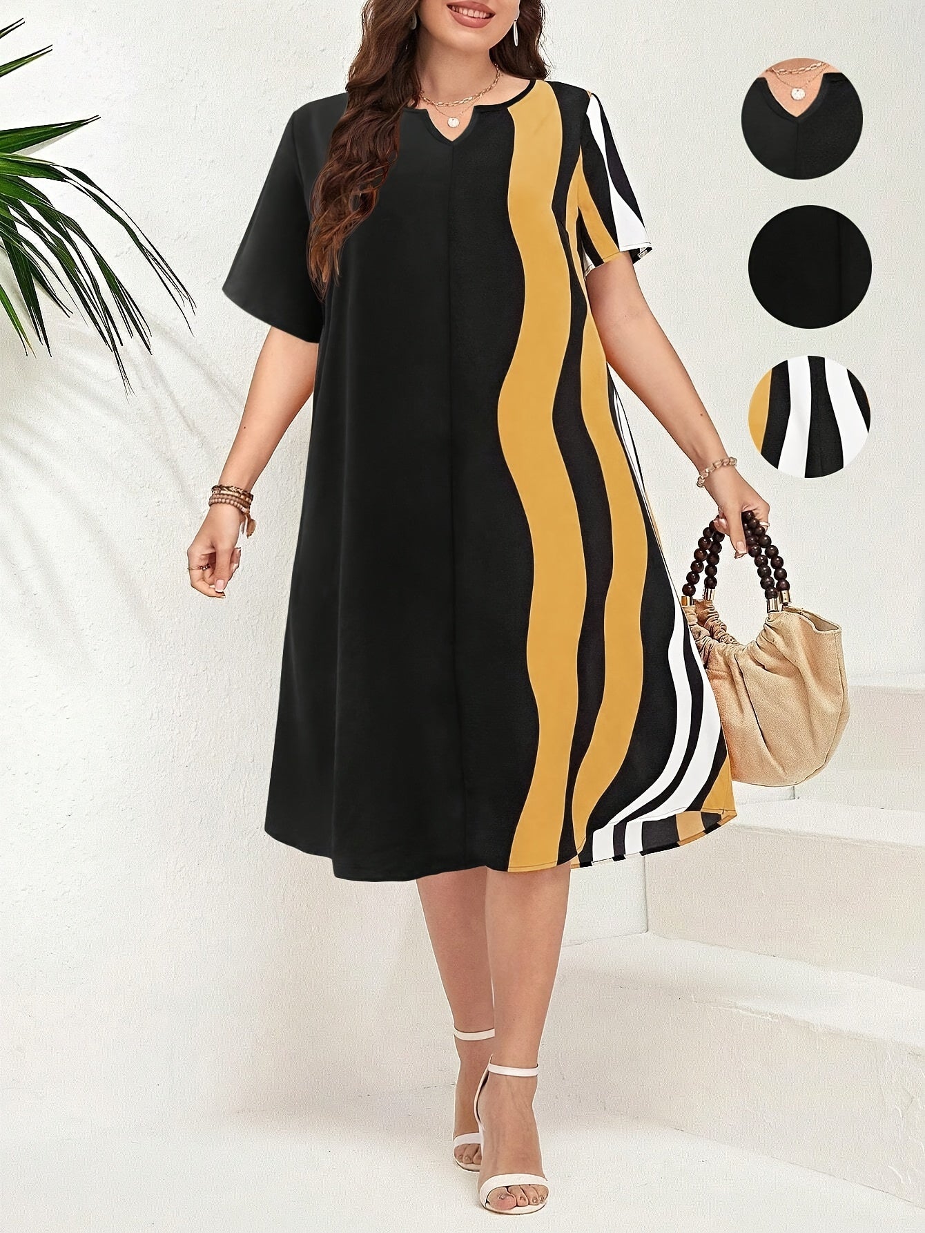 Plus Size Wavy Stripe Color Block Dress with Short Sleeves Notched Neck for Spring Summer