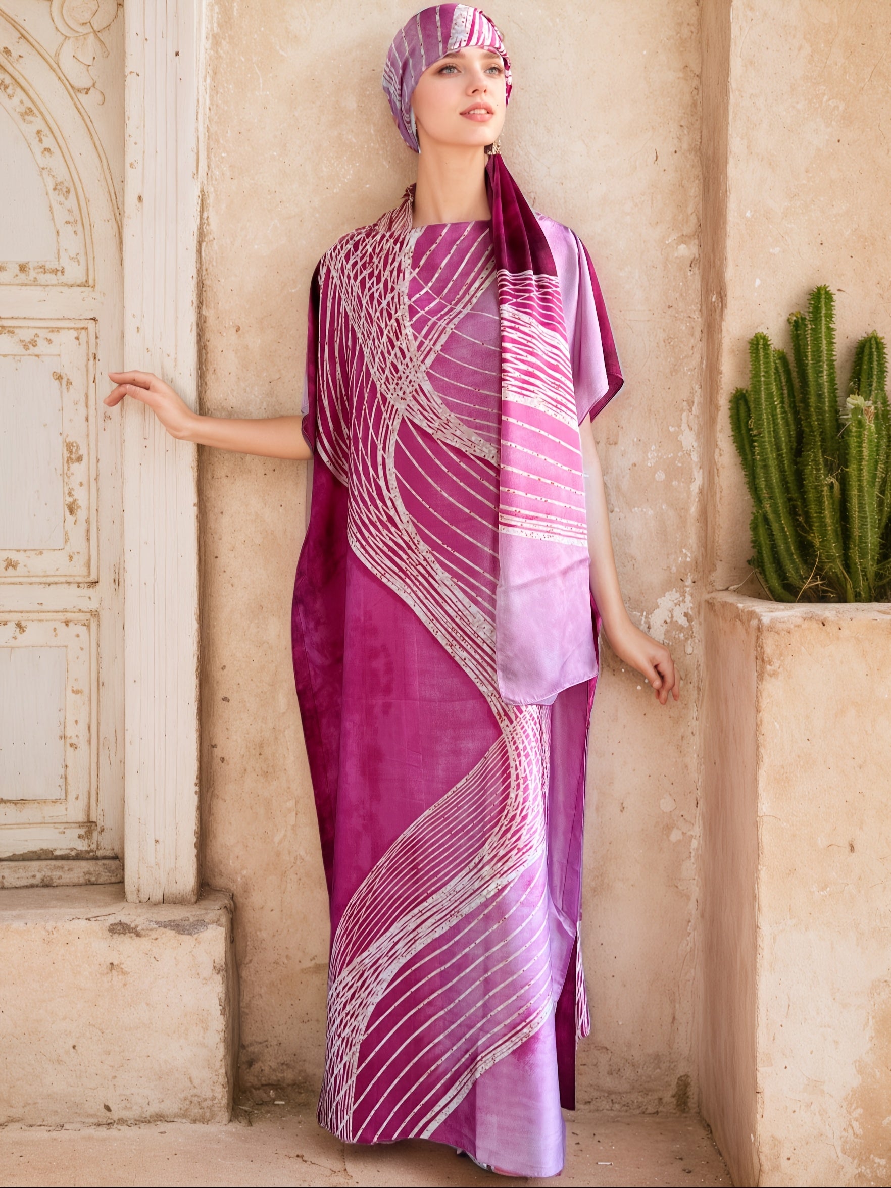 Plus Size Women's Pink Gold Abstract Print Batwing Sleeve Dress with Scarf