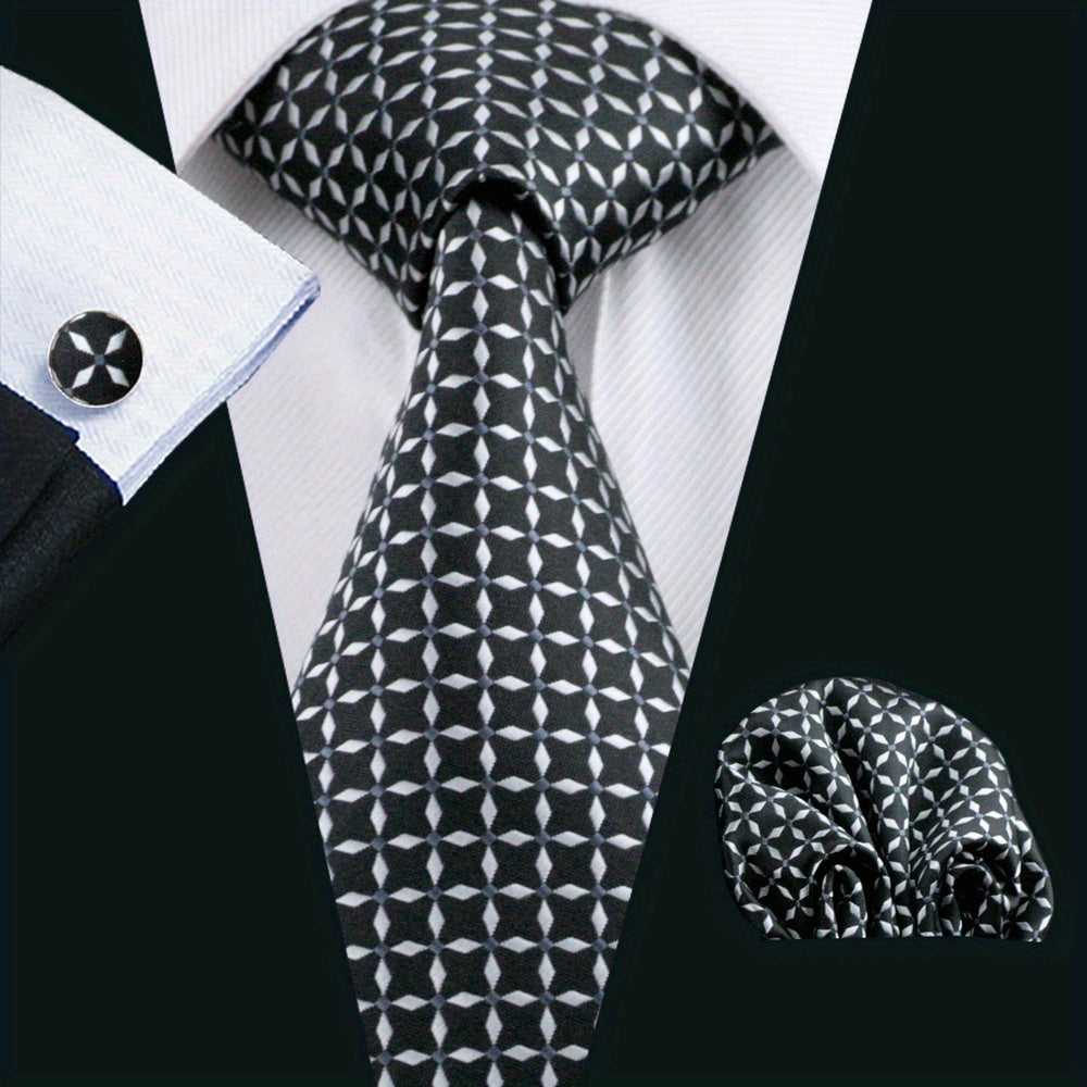 Men's Jacquard Woven Black Tie Set with Cufflinks and Hanky for Weddings and Business