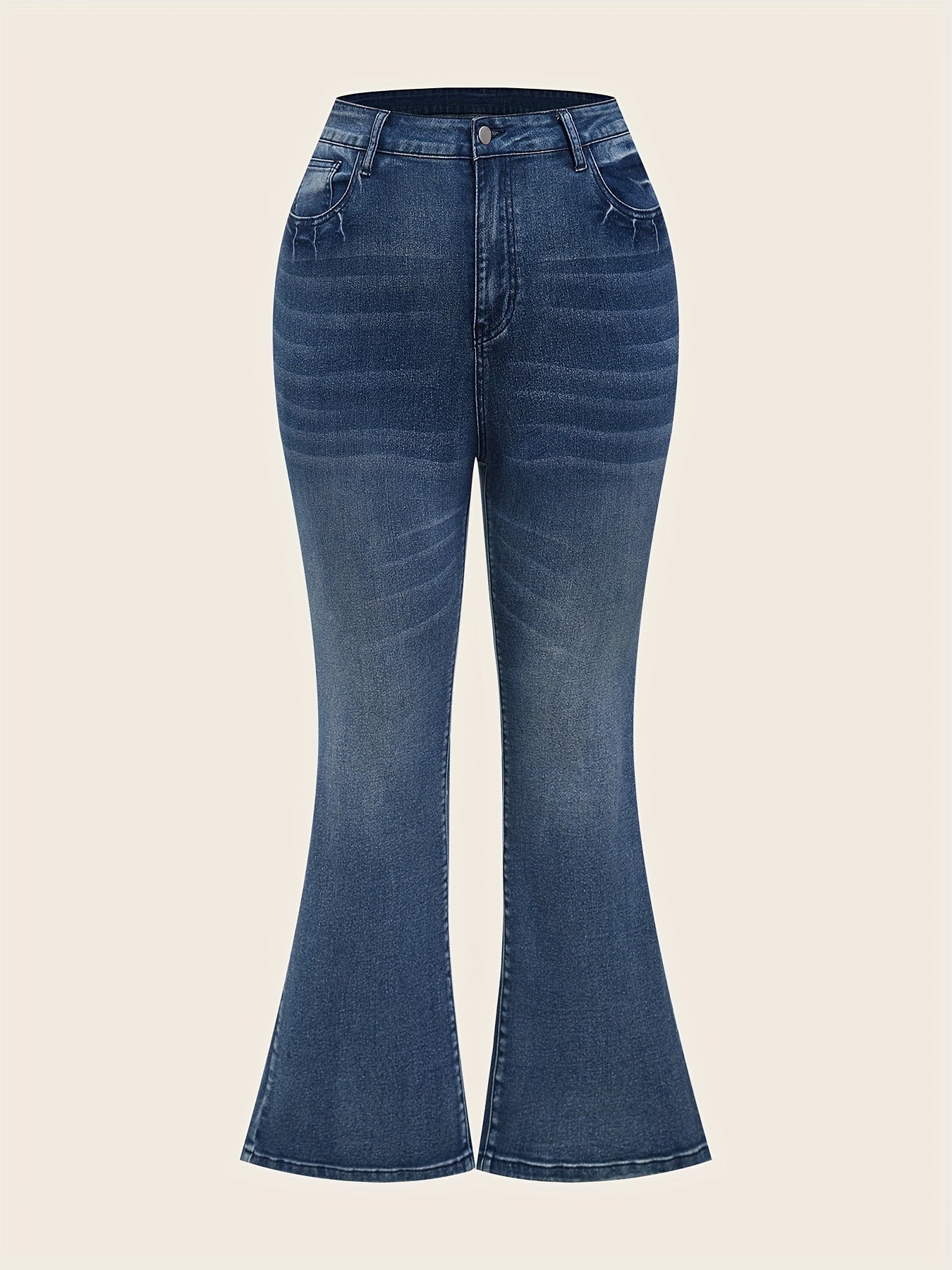 Ayollar uchun katta o'lchamdagi ochko'k ko'k rangli yuvilgan denim jinsi, yuqori elastiklikli, to'g'ri oyoqli