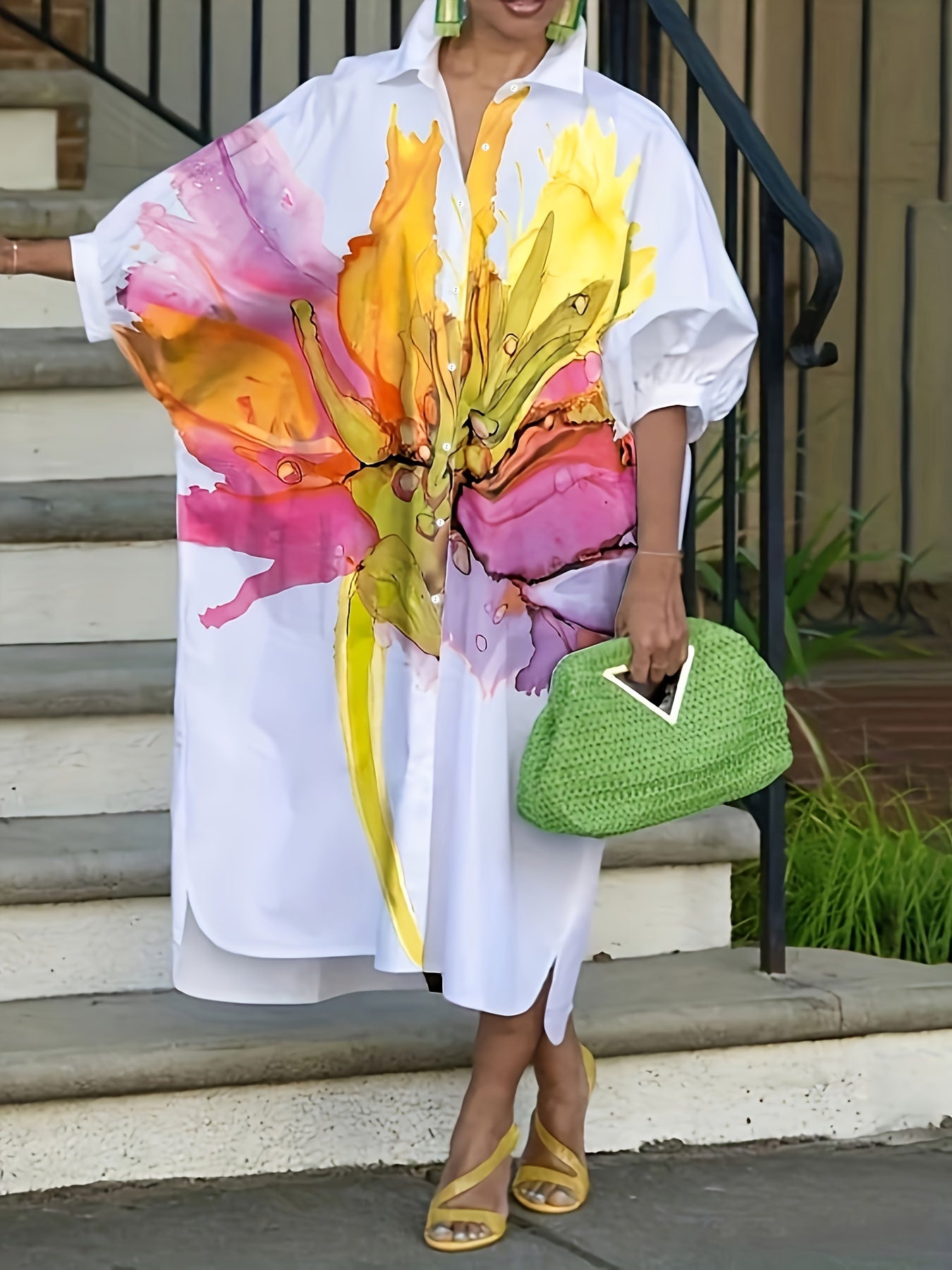 Women's Floral Print Mid-Length Shirt Dress with Half Sleeves and Button-Up Collar