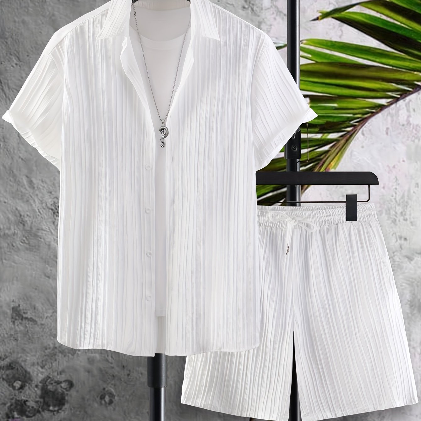 Plus Size Men's Summer Solid Striped Casual Lapel Button-Up Shirt and Drawstring Shorts Set