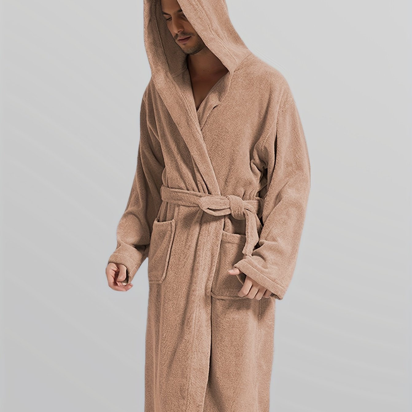 Халат с длинным рукавом и капюшоном для мужчин и женщин, из вязаной ткани, однотонный, повседневная домашняя одежда