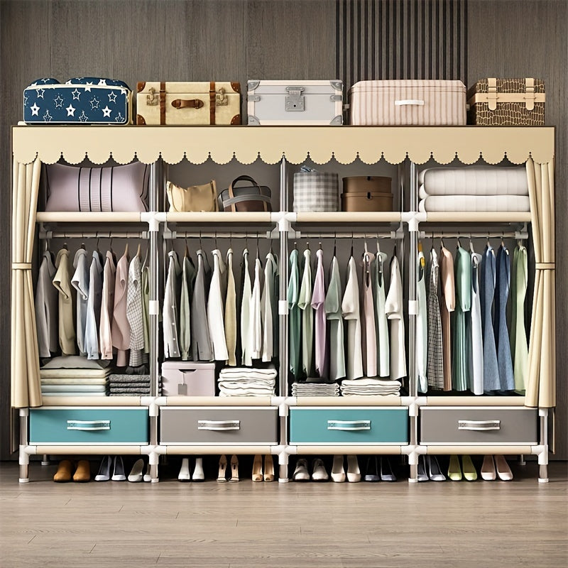 4 ta tortma va 4 ta osma kiyim ustuni bilan qulay kiyim saqlash uchun mustahkam po'lat quvurli shkaf. Silliq po'lat ramkali, mustahkam rangli mato shkafi va tortmalar va shkafni oddiy yig'ish. Oson ko'chiriladigan shkaf variant.