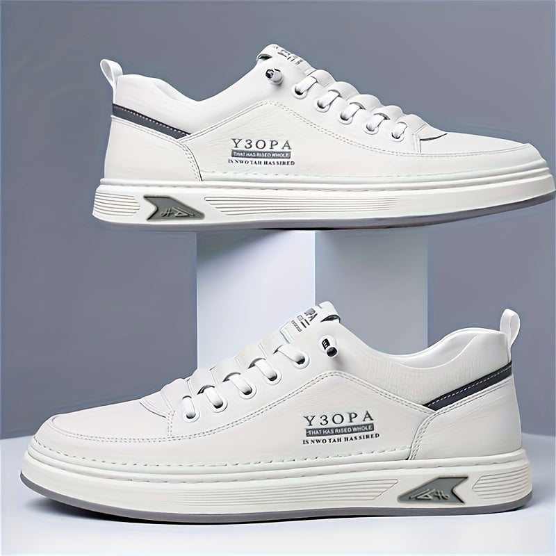 Men's White Low-Top Casual Sneakers with Rubber Sole Non-Slip Lace-Up