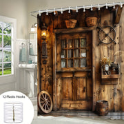 Farmhouse Style Shower Curtain Woven Polyester Vintage Wooden Wheel Lantern Design Includes Hooks
