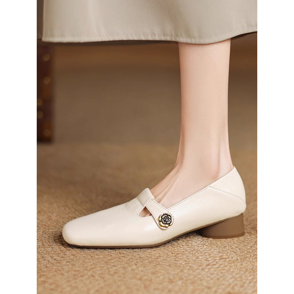 Women’s Beige Faux Leather Loafers with Block Heel and Decorative Button
