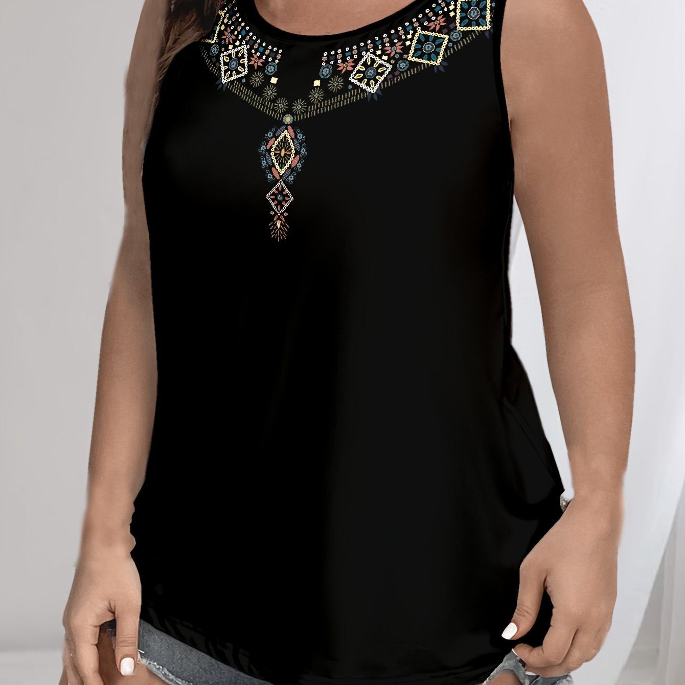 Plus Size Black Women Tank Top Sleeveless Bohemian Ethnic Print Casual Summer