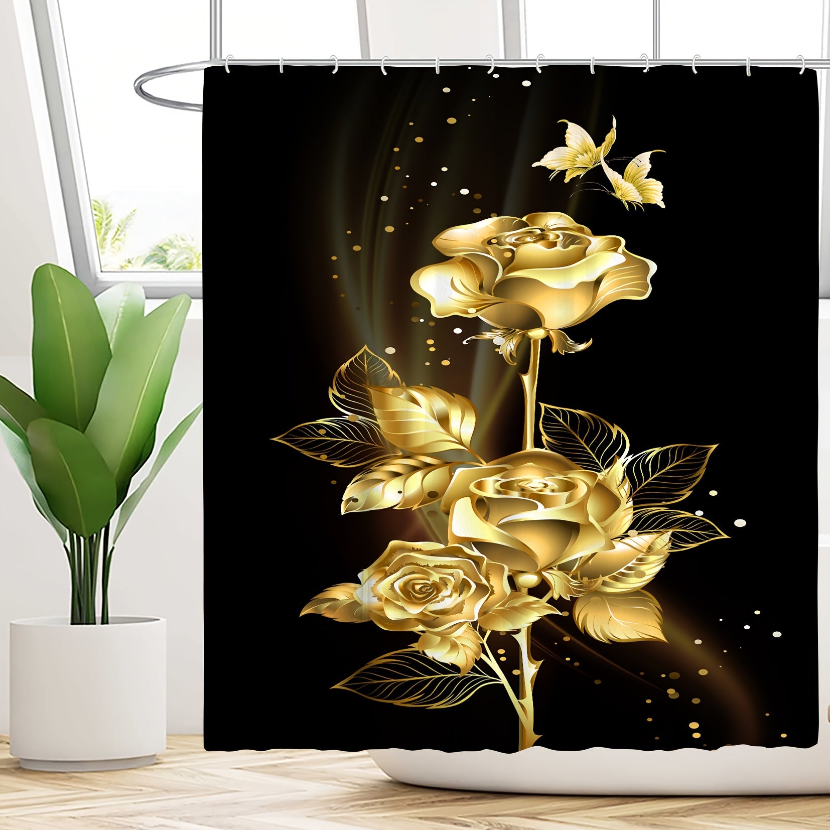 Black and Gold Bathroom Shower Curtain Set with Toilet Accessories