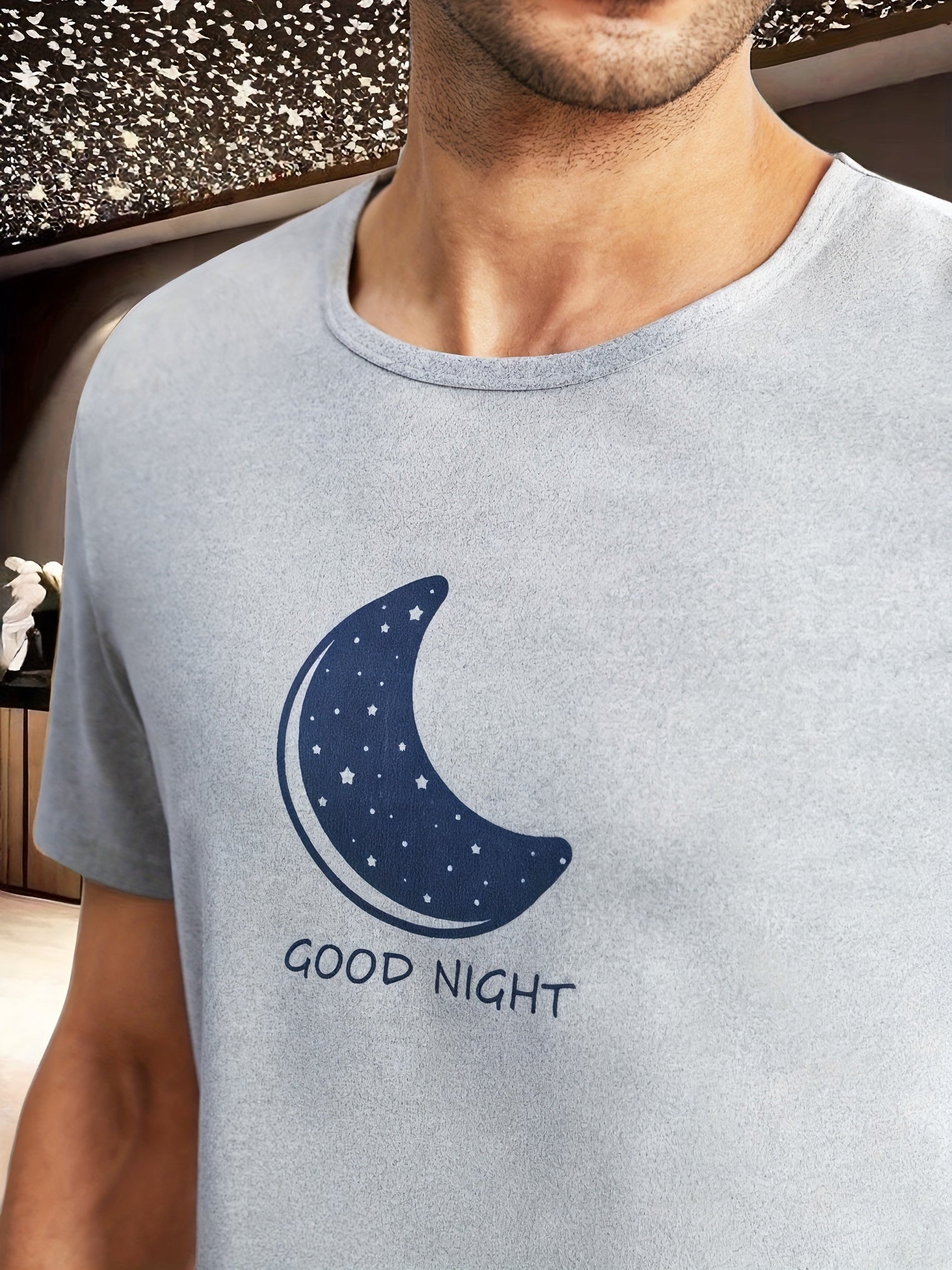 Men's Moon and Slogan Graphic Tee and Galaxy Print Pajama Set Polyester Crew Neck Regular Fit