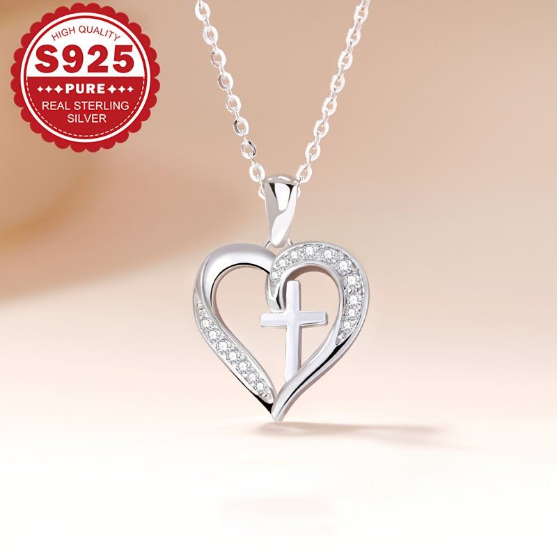 Sterling Silver Heart Cross Pendant Necklace with Synthetic Zirconia for Women