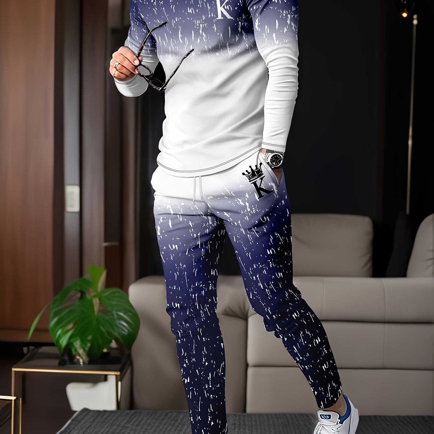 Men's Geometric Pattern Polyester Lounge Pajama Set with Sweatshirts and Jogger Pants