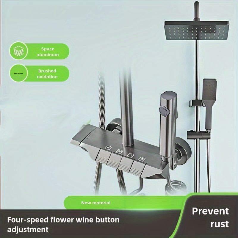 Aluminum 4-Way Shower System with Thermostatic Mixer Rainfall Handheld Bidet Tub Outlet
