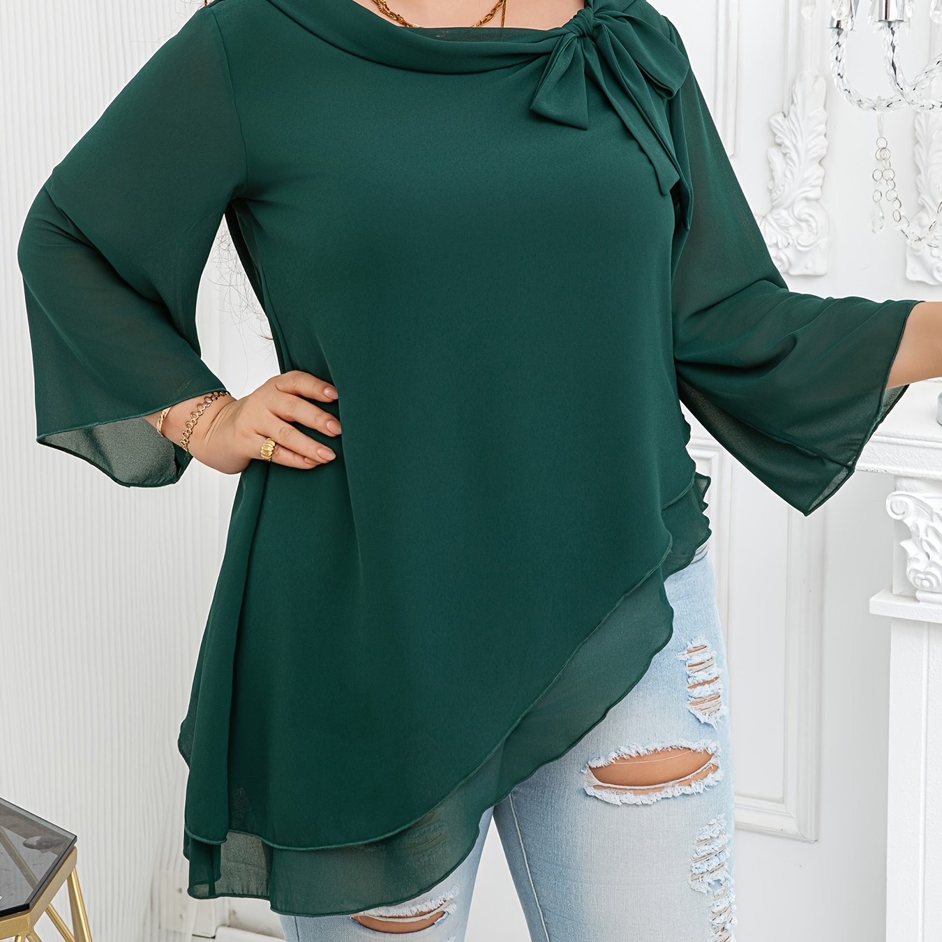 Women's Plus Size Blouse With Asymmetrical Hem Bow Ruffle Polyester Vacation Top