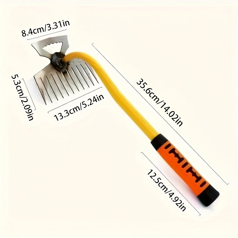 Rastrillo de maleza de acero al manganeso duradero con mango ergonómico amarillo y naranja para jardinería