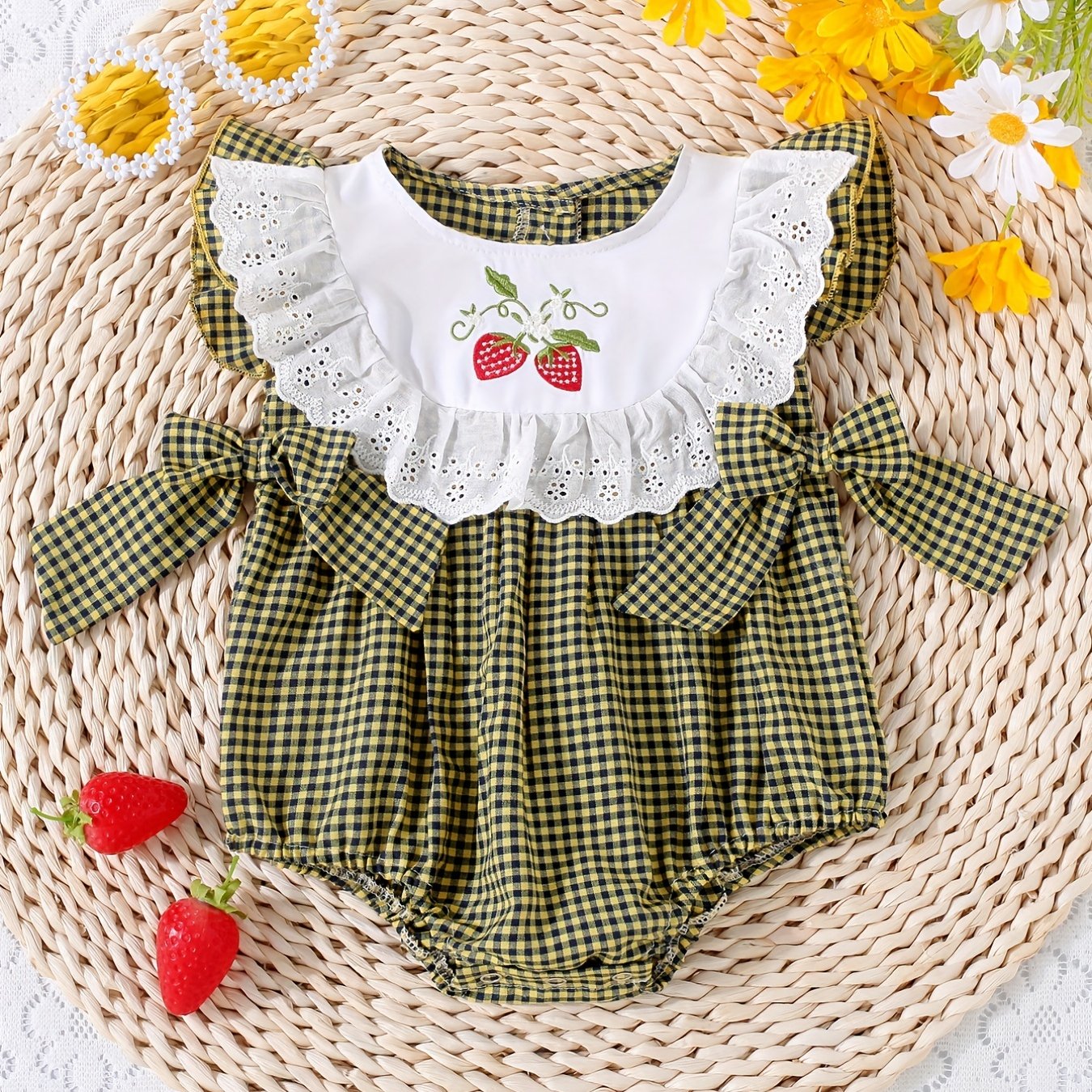 Baby Girls Plaid Onesie with Strawberry Embroidery and Bow Details for Casual Outdoor Wear