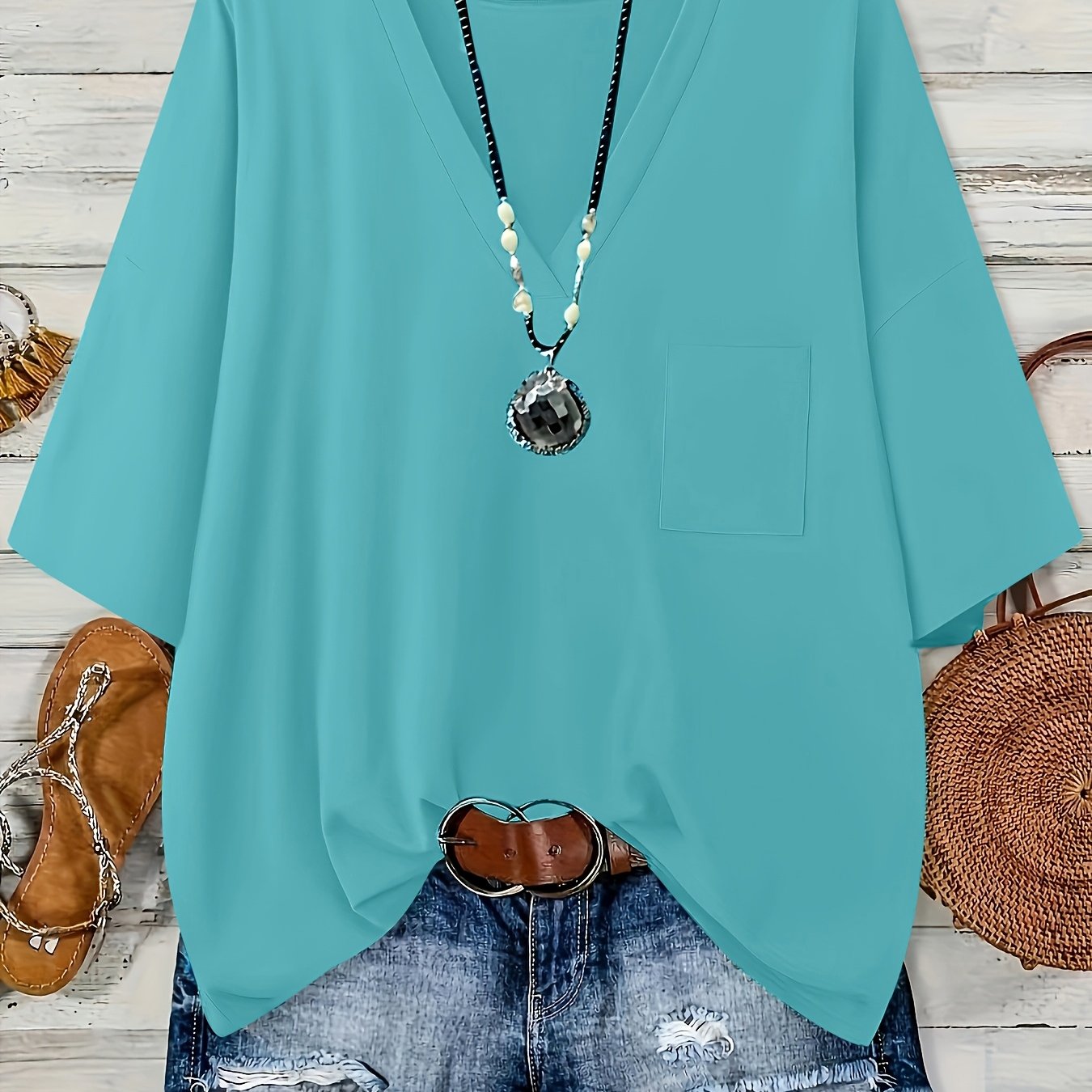 Women's Plus Size V-Neck Loose Top with Pockets Black Casual Summer Blouse