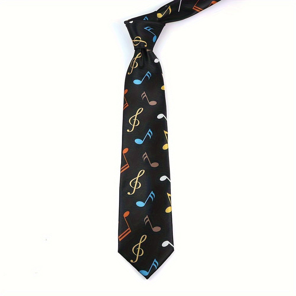 Silk-Like Printed Tie with Airplanes Planets Symbols Musical Notes Footballs for School Work Party