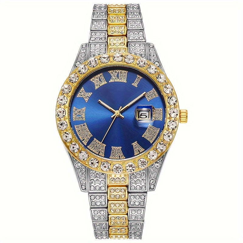 Men's Fashion Rhinestone Calendar Watch with Leather Strap
