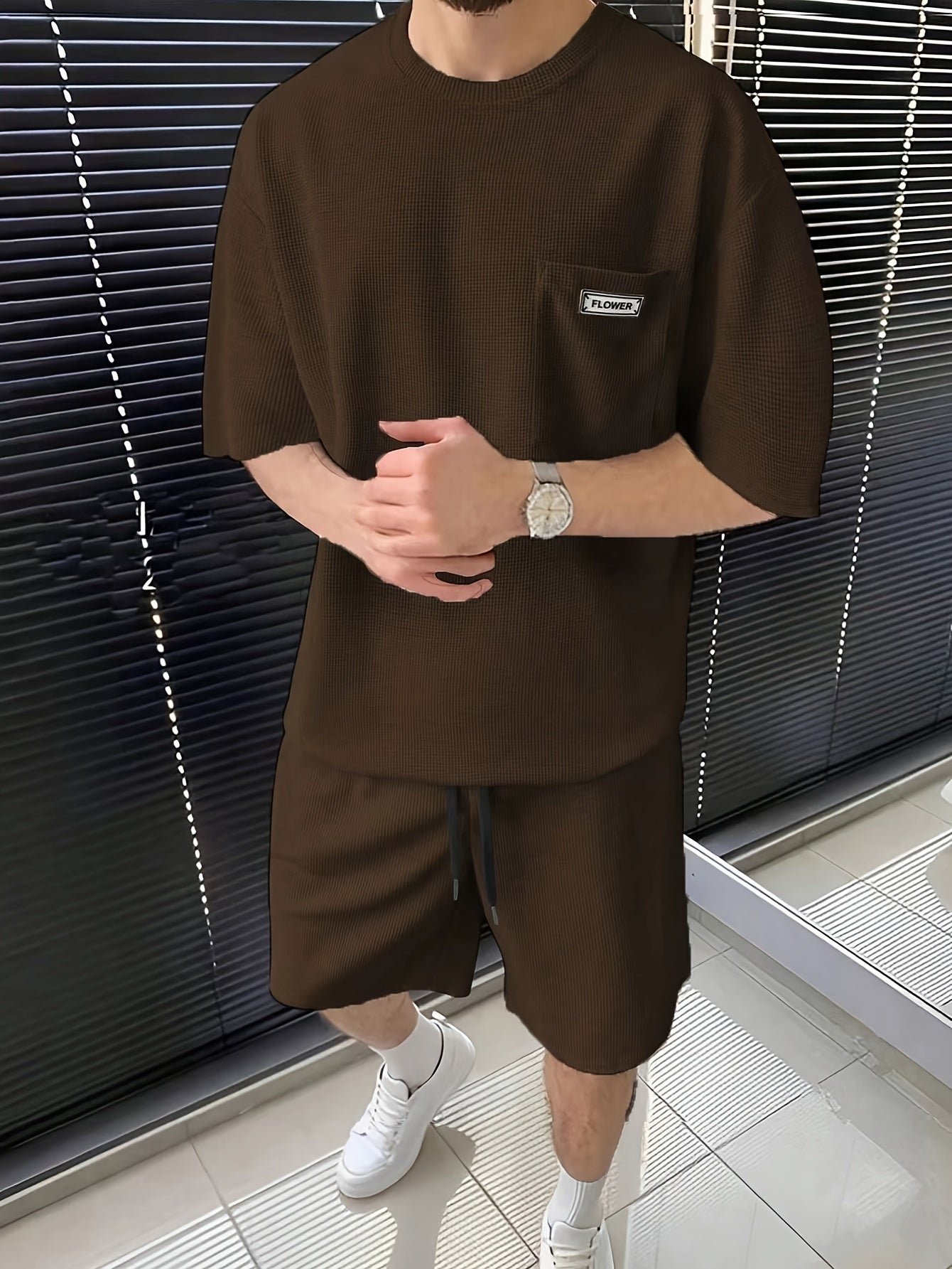 Men's Summer Casual Polyester Knit Shorts Sports Suit Solid Color Crew Neck Regular Fit