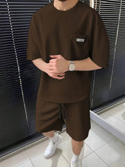 Men's Summer Casual Polyester Knit Shorts Sports Suit Solid Color Crew Neck Regular Fit