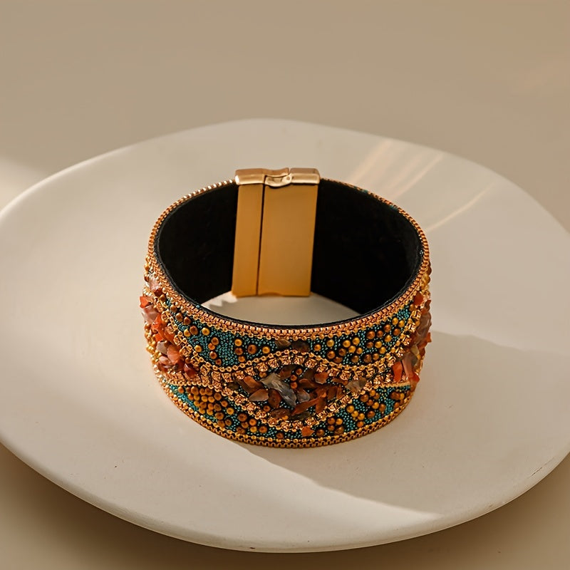 Pulsera de cuero sintético con cuentas Boho-Chic y cierre magnético para uso diario o en fiestas