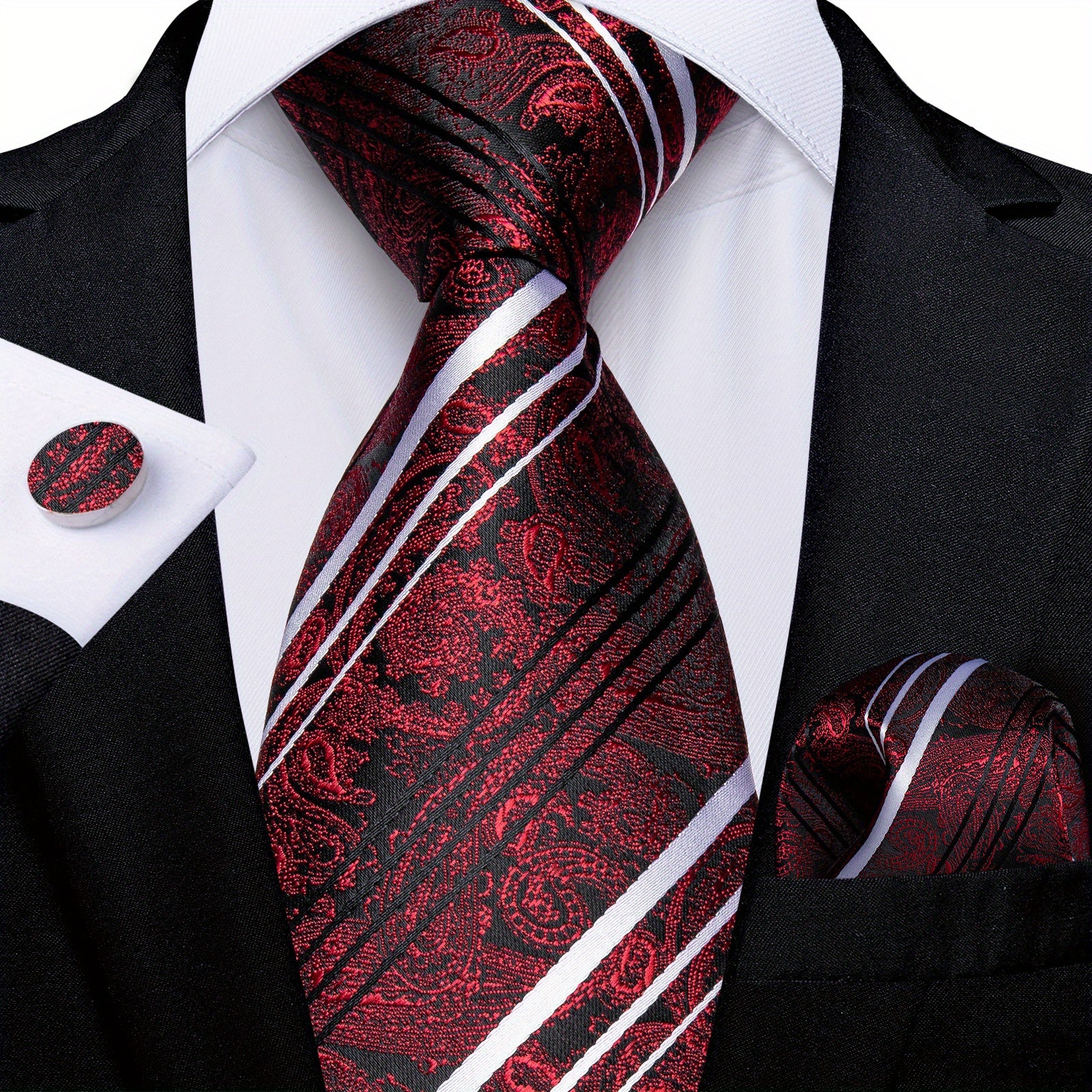 Men's Striped Necktie Set with Handkerchief and Cufflinks for Weddings and Business