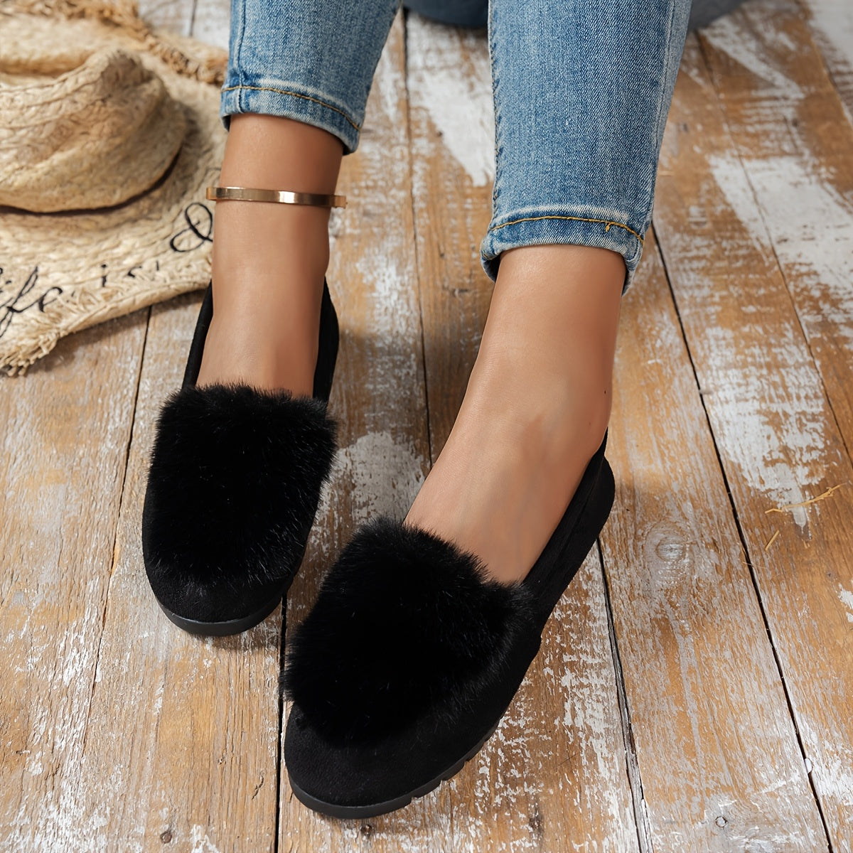 Women's Slip-On Flats with Faux Fur Trim - Lightweight All-Season Casual Shoes